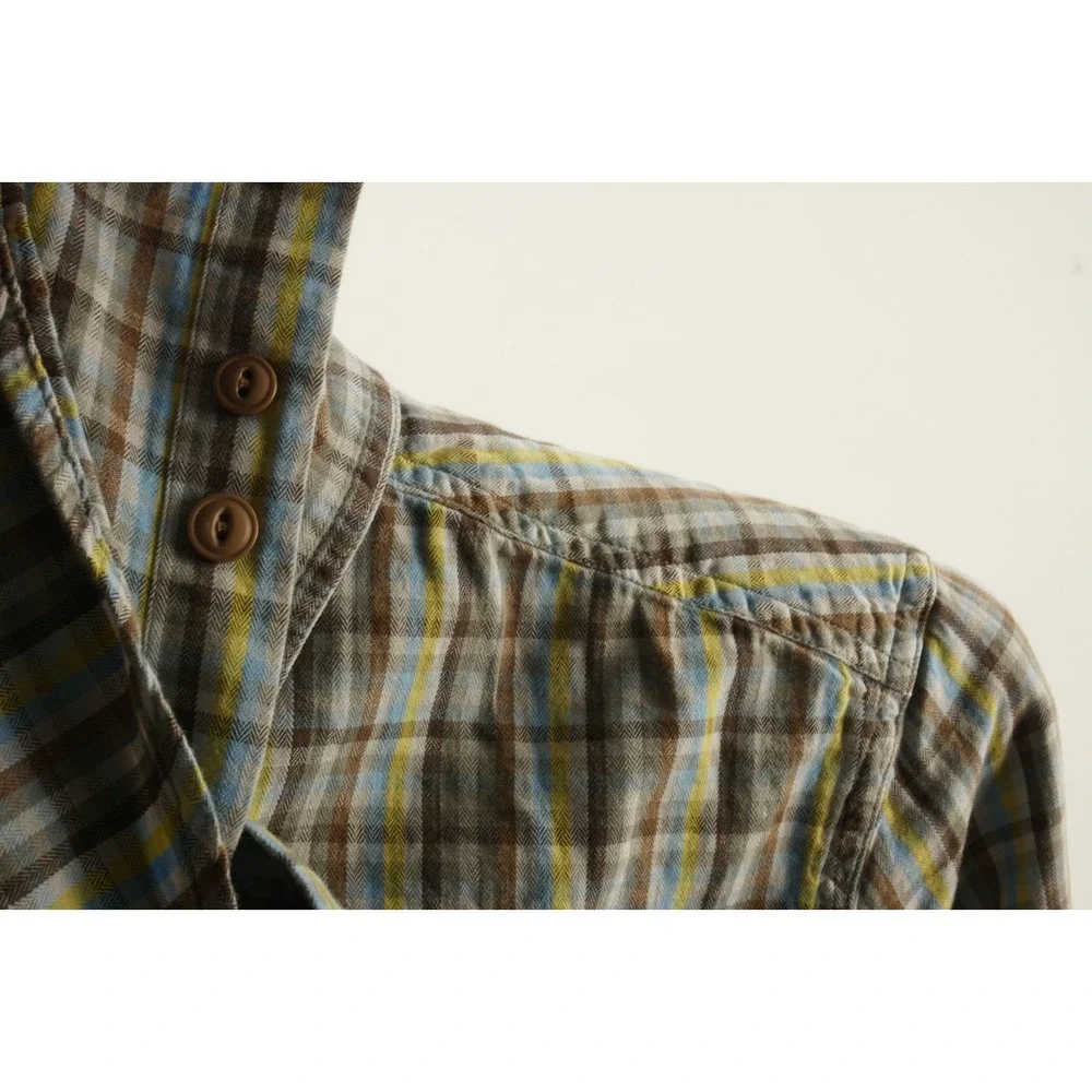 Gramicci Men's Medium Roll Tab Sleeve Yellow Blue Brown Cotton Utility‎ Shirt